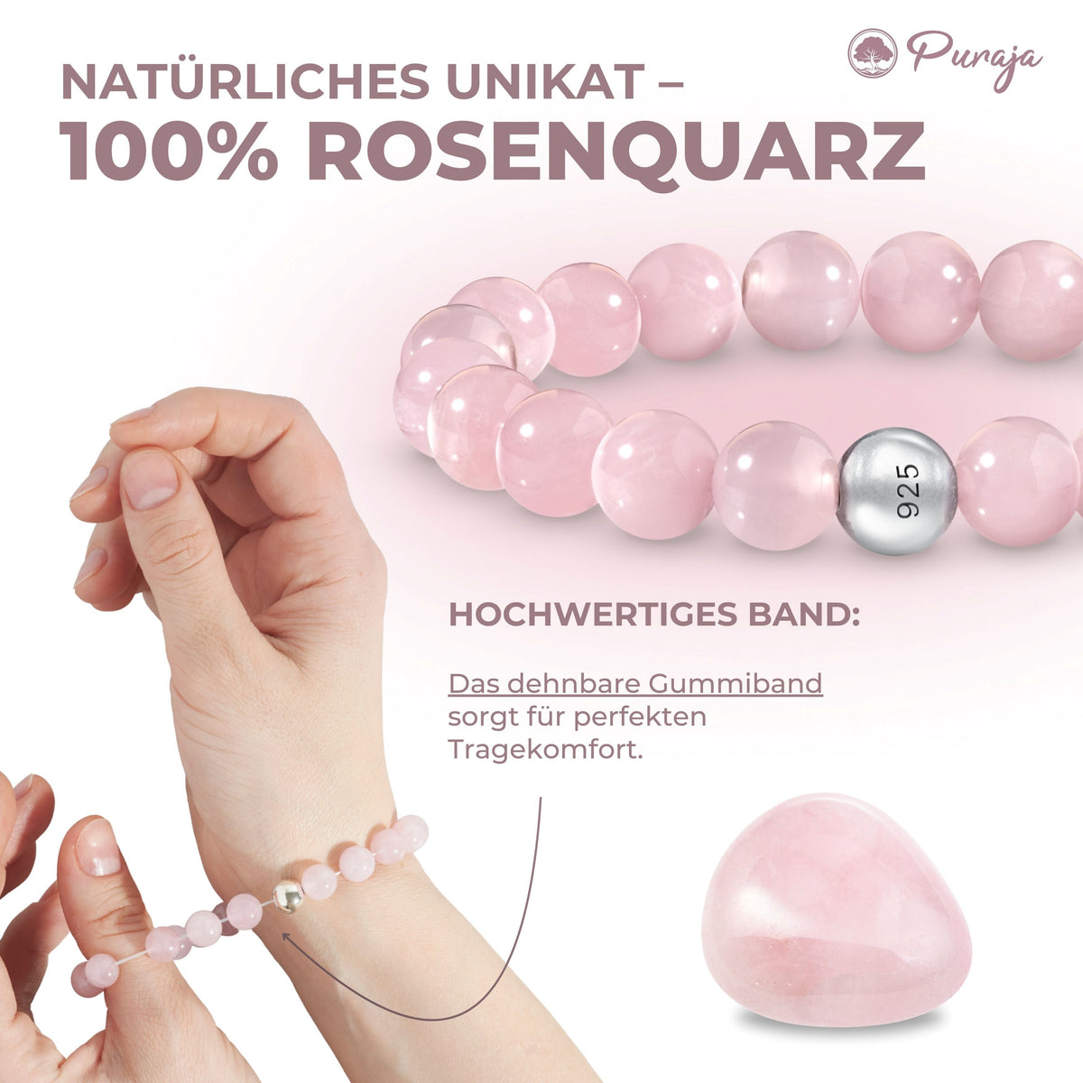 Armband Damen Aus Rosenquarz & Bergkristall – Elastisch, Natürliche Edelsteine, Geschenk Für Teenager, Freundin, Frau